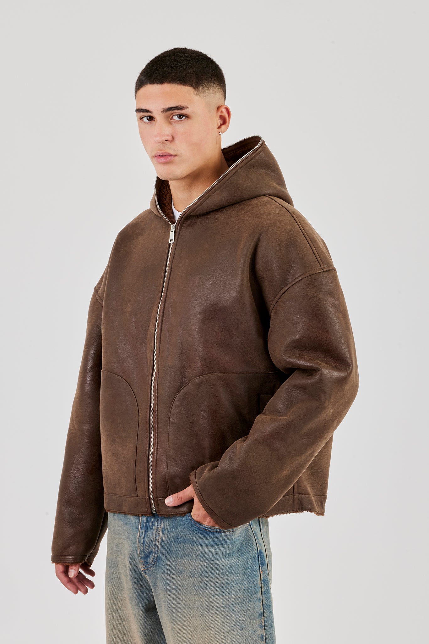 Vintage PU Borg gefütterte Kapuzenjacke - Braun